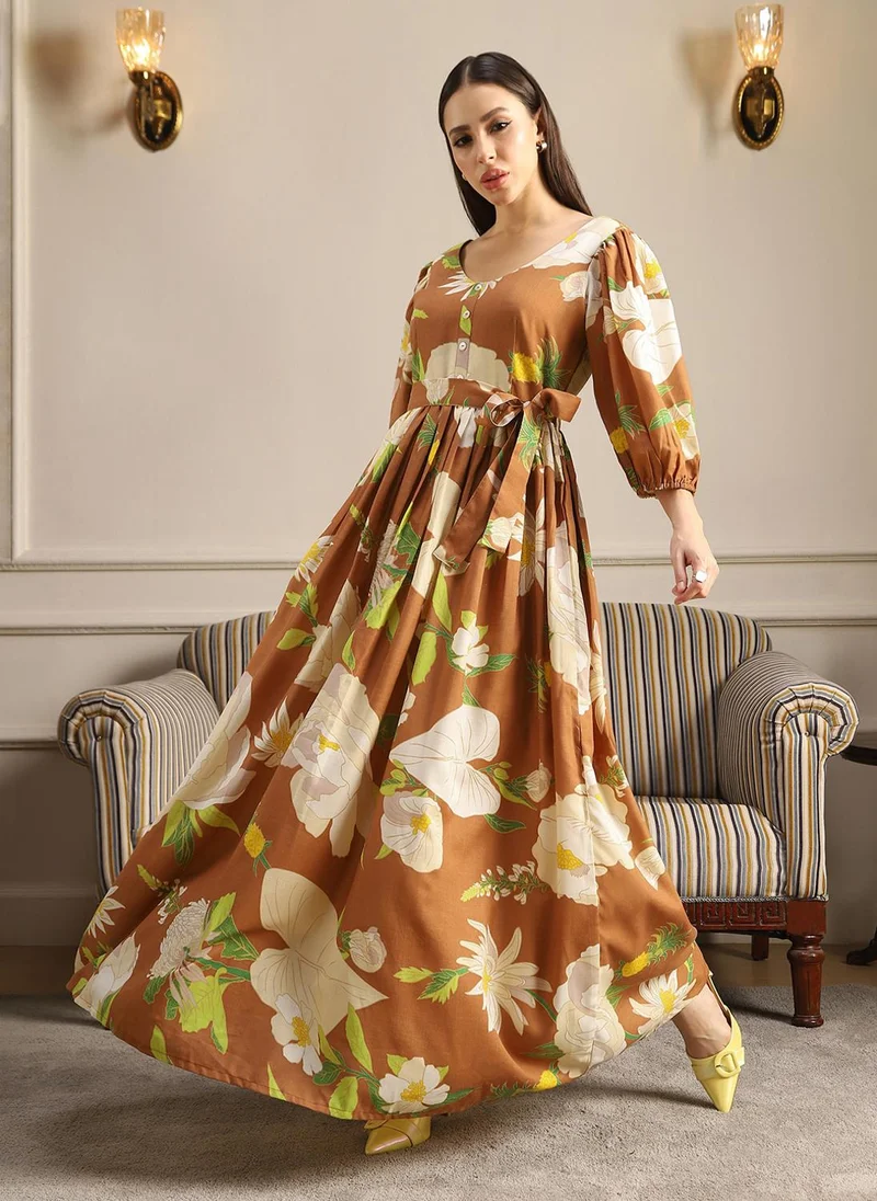 globus Globus Women Rust Floral Print V-Neck Puff Sleeves Belted Fit & Flare Maxi Dress